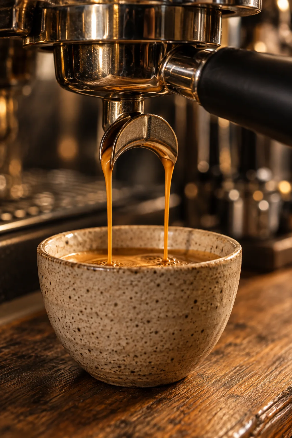 Espresso pouring into a handmade ceramic cup