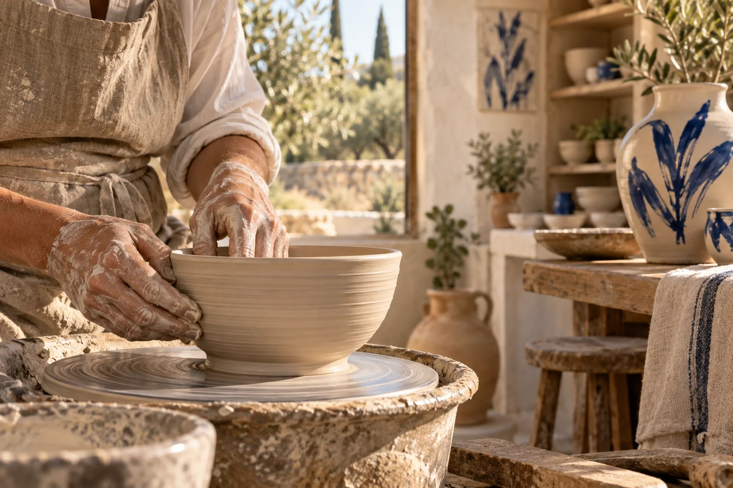 Hands creating a handmade ceramic bowl