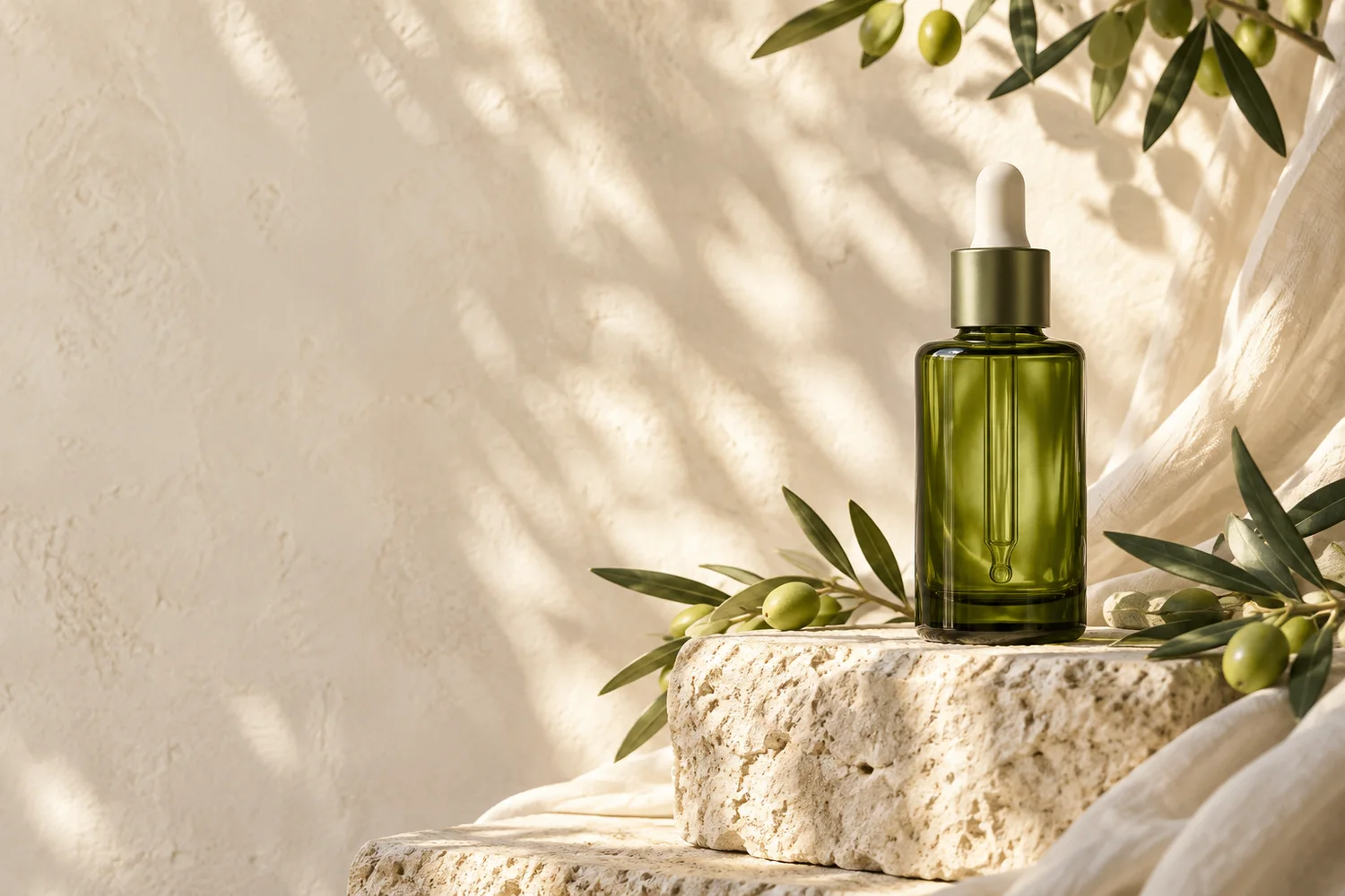 Botanical skincare oil on a sunlit limestone plinth