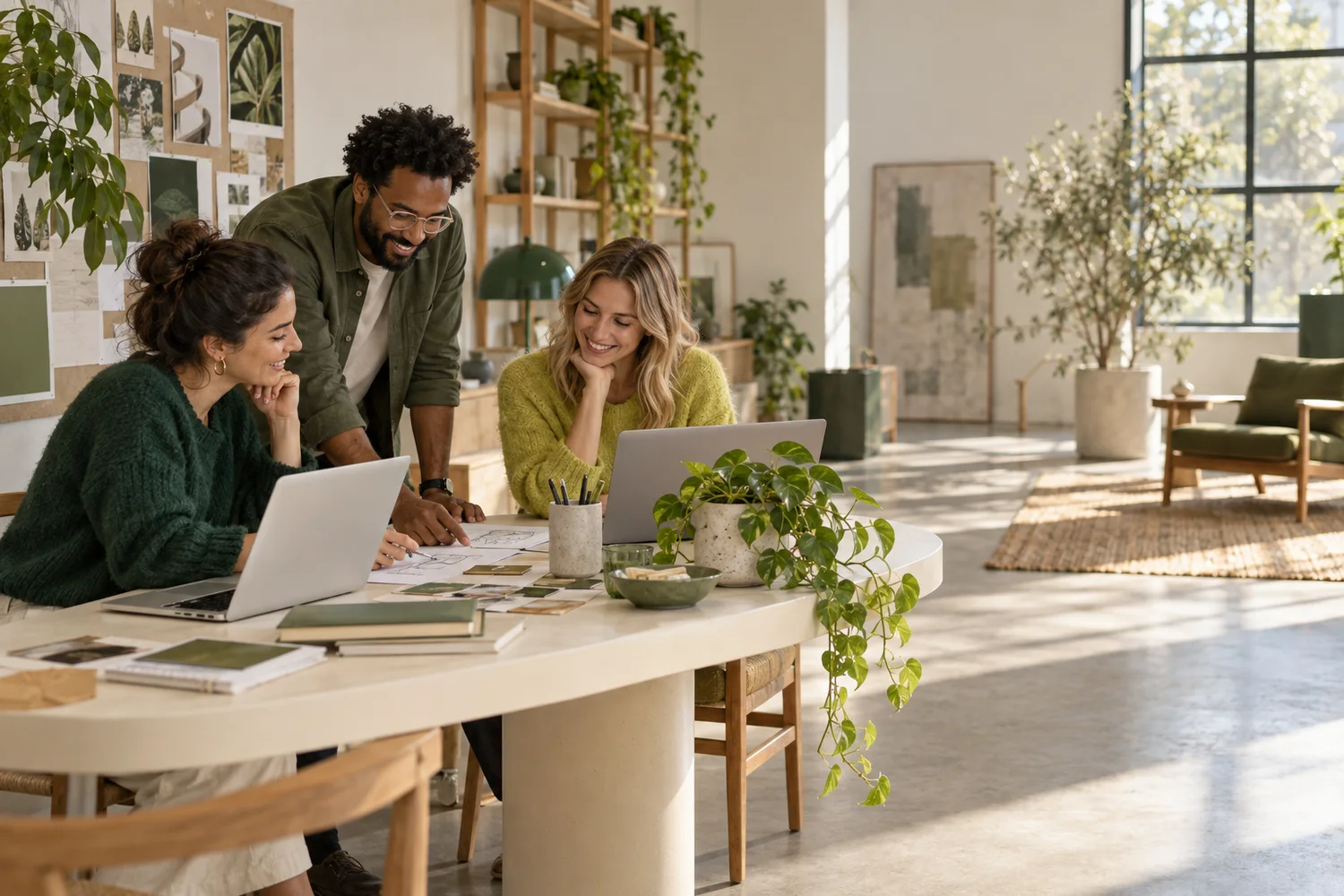 A team sharing ideas around a studio table