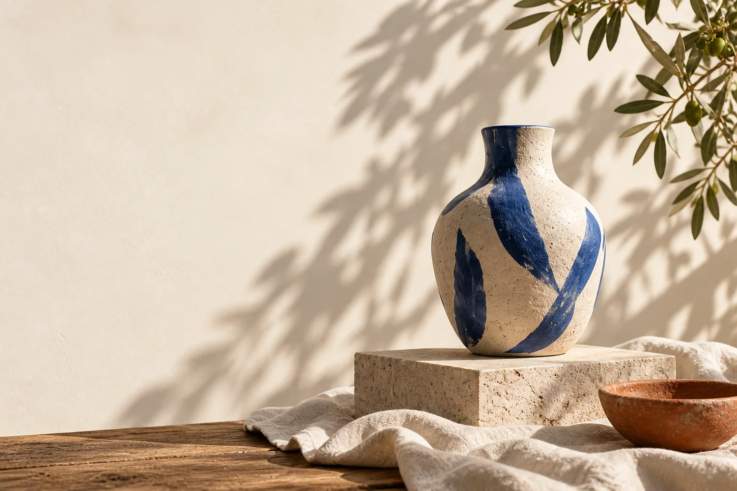 Blue and ivory handmade vase in afternoon sunlight