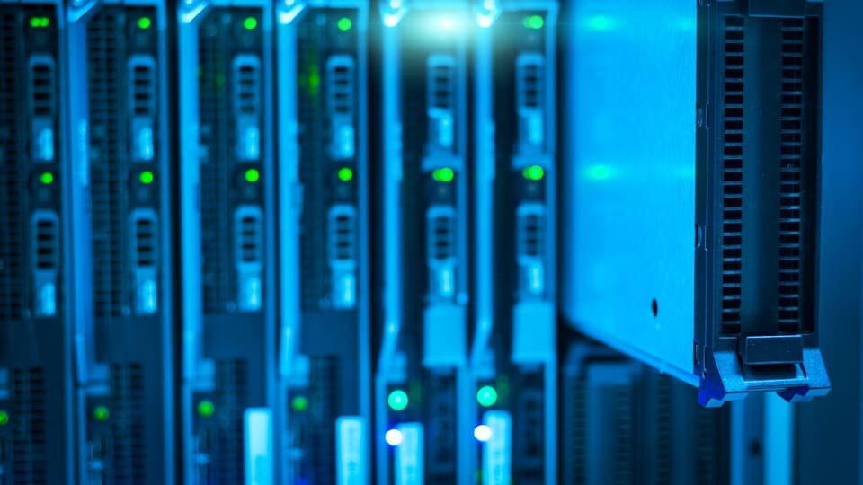 Detailed view of a server rack with a focus on technology and data storage.